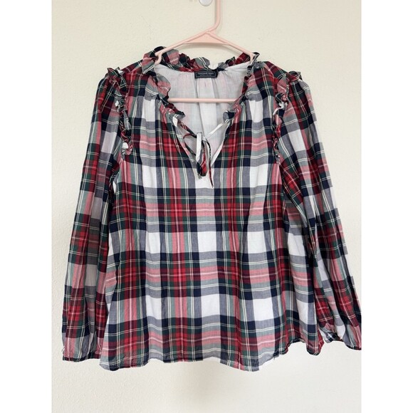 Vineyard Vines Holiday Plaid Ruffle Popover Tie Neck Blouse Sz XS Preppy Cottage - Picture 1 of 7
